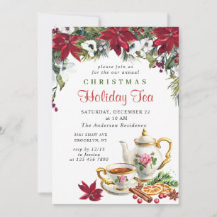 Festive Poinsettia Christmas Holiday Tea Party Invitation