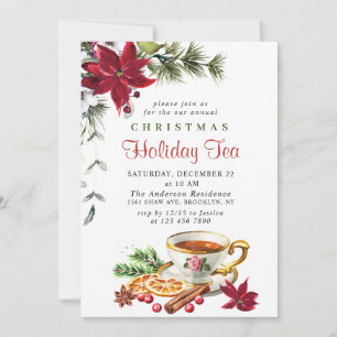 Festive Poinsettia Christmas Holiday Tea Party Invitation