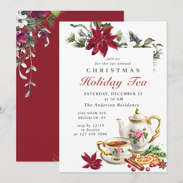 Festive Poinsettia Christmas Holiday Tea Party Invitation (Front/Back)