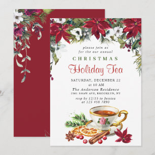 Festive Poinsettia Christmas Holiday Tea Party Invitation