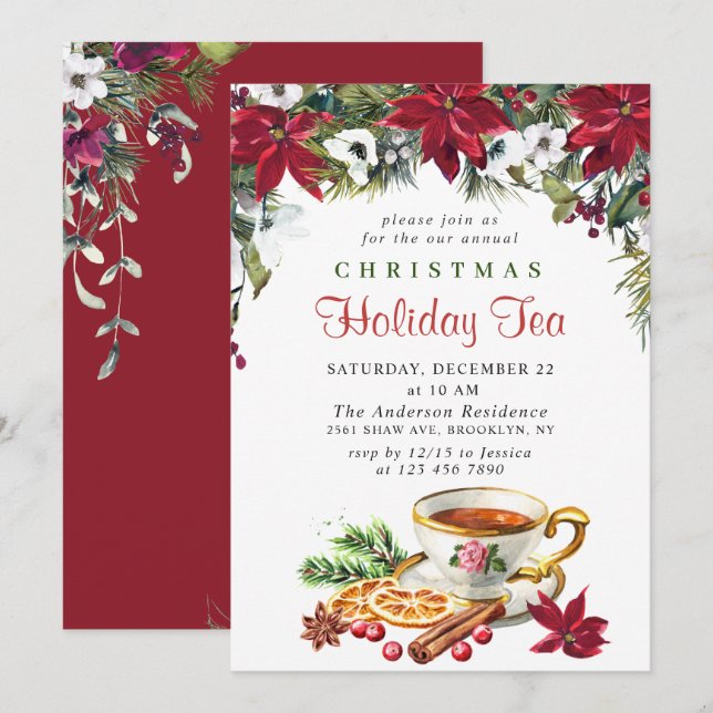 Festive Poinsettia Christmas Holiday Tea Party Invitation (Front/Back)