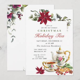 Festive Poinsettia Christmas Holiday Tea Party Invitation