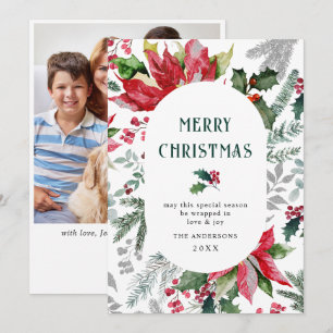 Festive Poinsettia Christmas Mistletoe Photo Holiday Card