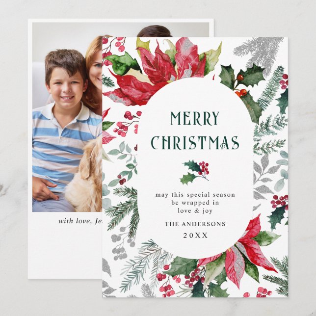 Festive Poinsettia Christmas Mistletoe Photo Holiday Card (Front/Back)