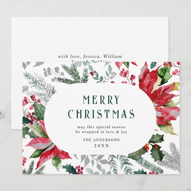 Festive Poinsettia Christmas Mistletoe Photo Holiday Card (Front/Back)
