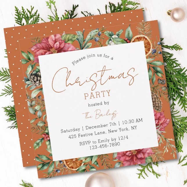 Festive Poinsettia Christmas Party Script Invitation (Creator Uploaded)