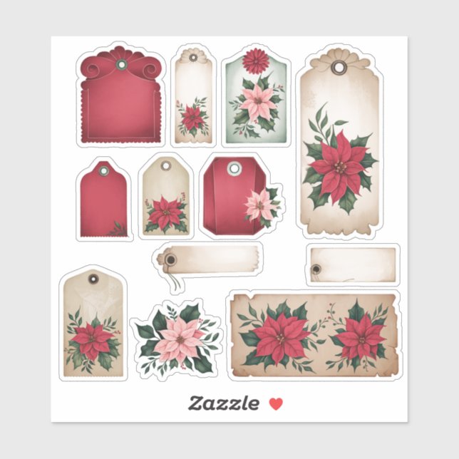 Festive Poinsettia Floral Ephemera Sticker Sheet (Sheet)
