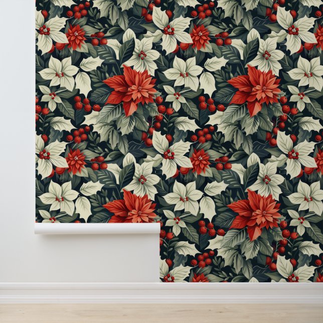 Festive Poinsettia Flower Christmas Holiday Floral Wallpaper (Application)
