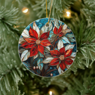 Festive Poinsettia Flower Stained Glass Christmas Ceramic Tree Decoration