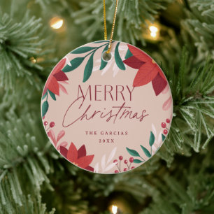 Festive Poinsettia Flowers Christmas  Ceramic Tree Decoration