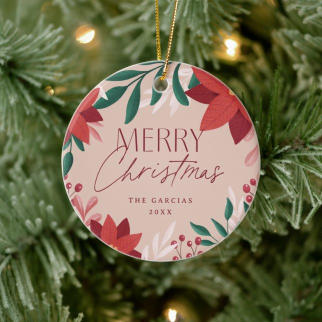 Festive Poinsettia Flowers Christmas  Ceramic Tree Decoration (Tree)