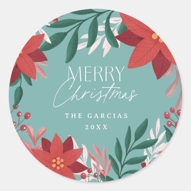 Festive Poinsettia Flowers Christmas  Classic Round Sticker (Front)