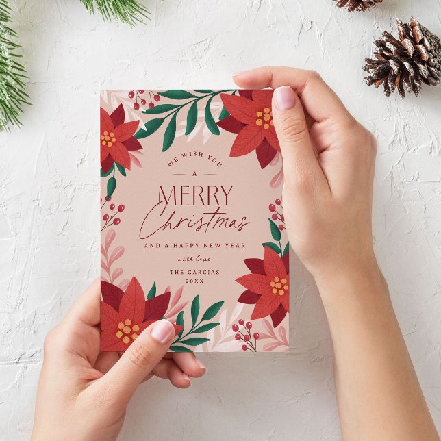 Festive Poinsettia Flowers Christmas  Holiday Card (elegant and classy christmas card with poinsettia flowers)