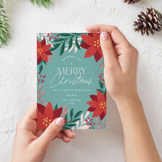 Festive Poinsettia Flowers Christmas  Holiday Card (Teal Christmas card with red poinsettia flowers)