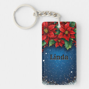Festive Poinsettia Flowers with Snow Key Ring