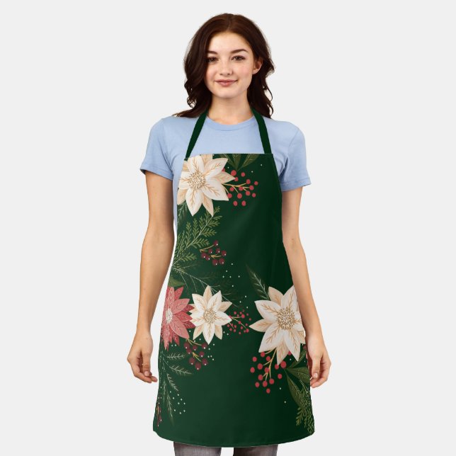 Festive Poinsettia Holiday Botanical Christmas Apron (Worn)