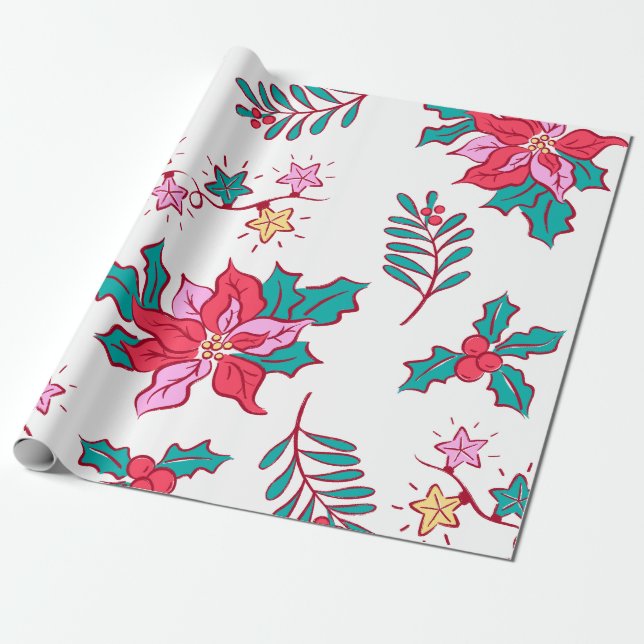 Festive Poinsettia Holiday Wrapping Paper (Unrolled)