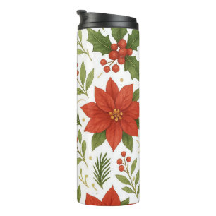 Festive Poinsettia & Holly Elegance Christmas Flor Thermal Tumbler