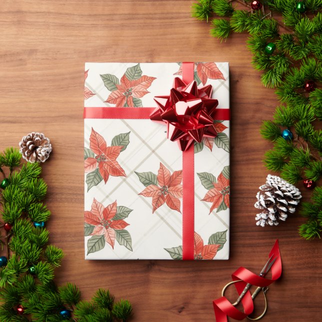Festive Poinsettia & Plaid Christmas Wrapping Paper (Holiday Gift)