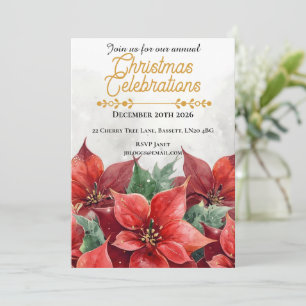Festive Poinsettia Red Grey Christmas Invitation