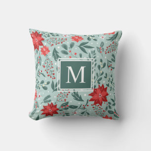 Festive Poinsettias and Holly Berries Monogram  Th Cushion