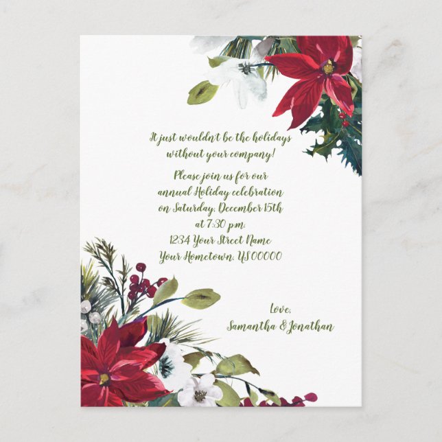 Festive Poinsettias Holly Berries Christmas Party Invitation Postcard (Front)