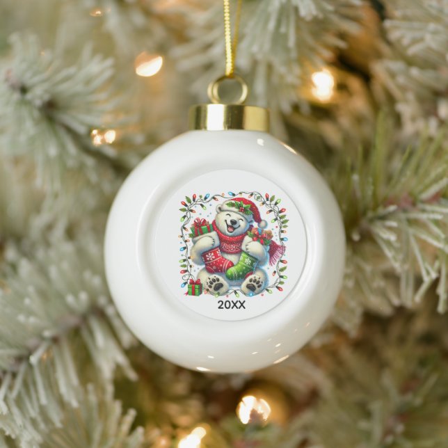 Festive polar bear add year  ceramic ball christmas ornament (Tree)