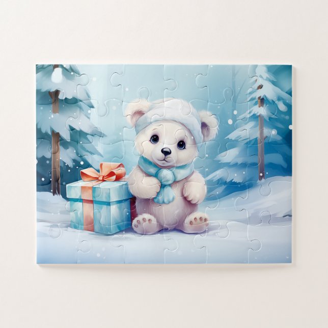 Festive Polar Bear Christmas Kids Jigsaw Puzzle (Horizontal)
