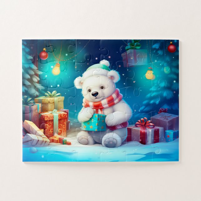 Festive Polar Bear Christmas Kids Jigsaw Puzzle (Horizontal)