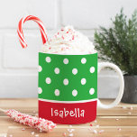 Festive Polka Dots Custom Christmas Monogram Name Coffee Mug<br><div class="desc">Personalise this festive Christmas coffee or hot cocoa mug with a first name or other custom text.  Design features a pattern of polka dots. Classic red,  green and white holiday colours.</div>