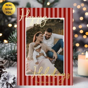 Festive Preppy Red Stripes Photo Christmas Gold Foil Holiday Card