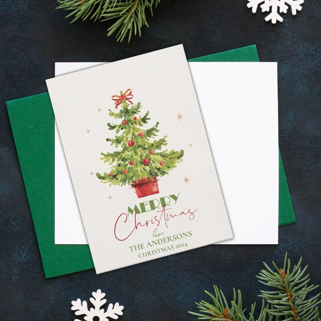 Festive Pretty Green Christmas Tree In Pot Holiday Card (Festive Pretty Green Christmas Tree In Pot Holiday Card)