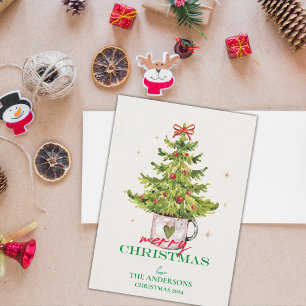Festive Pretty Green Christmas Tree In Pot Holiday Card