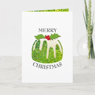 Festive Pudding with Green   GLITTER   Christmas Holiday Card