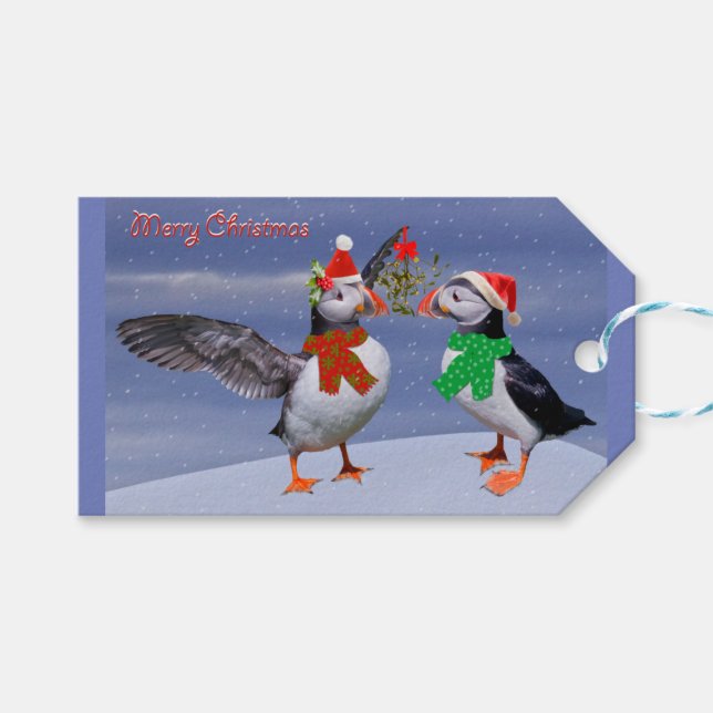 Festive Puffins Christmas Gift Bag Tags (Front (Horizontal))