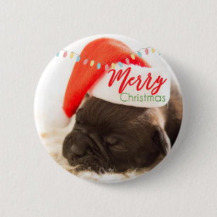 Festive Pug in Red Santa Hat with Christmas Lights 6 Cm Round Badge