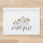 Festive Pumpkin Hello Fall Calligraphy Tea Towel<br><div class="desc">Custom-designed festive kitchen hand towel featuring "hello fall" modern hand calligraphy with watercolor white pumpkin and foliage design.</div>