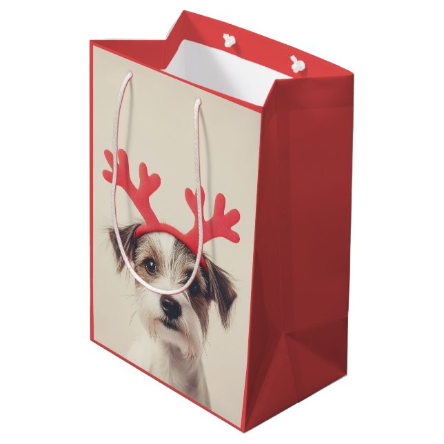Festive Pup with Reindeer Antlers Medium Gift Bag (Back Angled)
