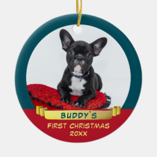 Festive Puppy 1st Christmas Ribbon Pet Photo Ceramic Tree Decoration