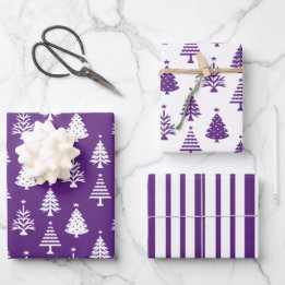 Festive Purple and White Christmas Tree Pattern Wrapping Paper Sheet