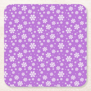 Festive Purple and White Winter Snowflakes Pattern Square Paper Coaster