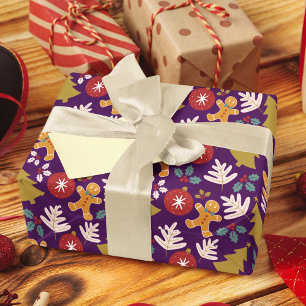 Festive Purple Christmas Tree Gingerbread Men Wrapping Paper