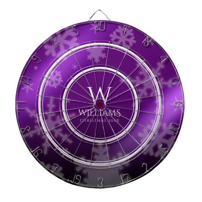 Festive Purple Foil Snowflakes Monogram Name Dartboard (Front)