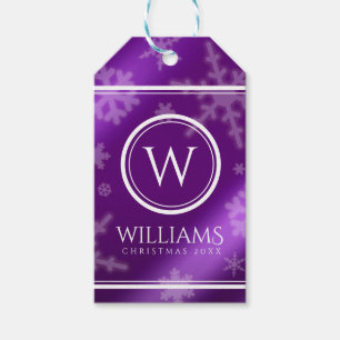Festive Purple Foil Snowflakes Monogram Name Gift Tags