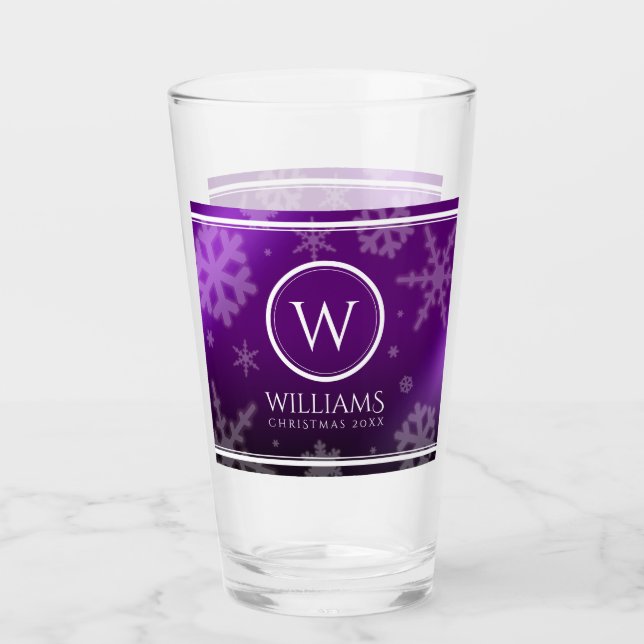 Festive Purple Foil Snowflakes Monogram Name Glass (Front)