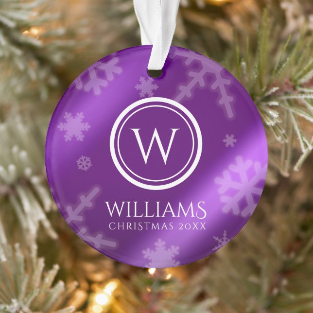 Festive Purple Foil Snowflakes Monogram Name Ornament (Tree)