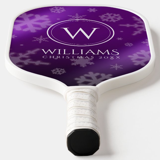 Festive Purple Foil Snowflakes Monogram Name Pickleball Paddle (Laydown)