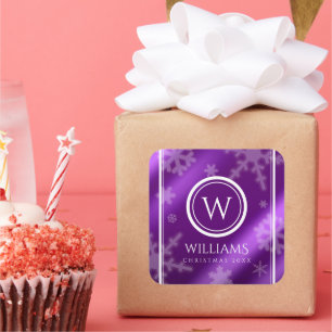 Festive Purple Foil Snowflakes Monogram Name Square Sticker