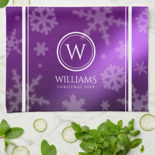 Festive Purple Foil Snowflakes Monogram Name Tea Towel