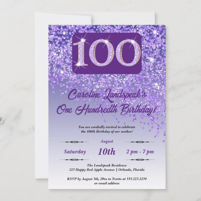 Festive Purple Glitter 100th Birthday Invitation (Front)
